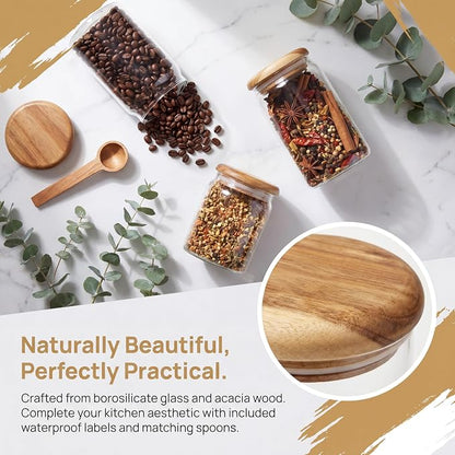 4-Pack 23 oz Glass Jars with Wooden Lids, Spice Jars | Wide mouth for scooping. Solid acacia wood lids & spoons (no plastic). Airtight seal. For coffee, oats, spices, dry goods.