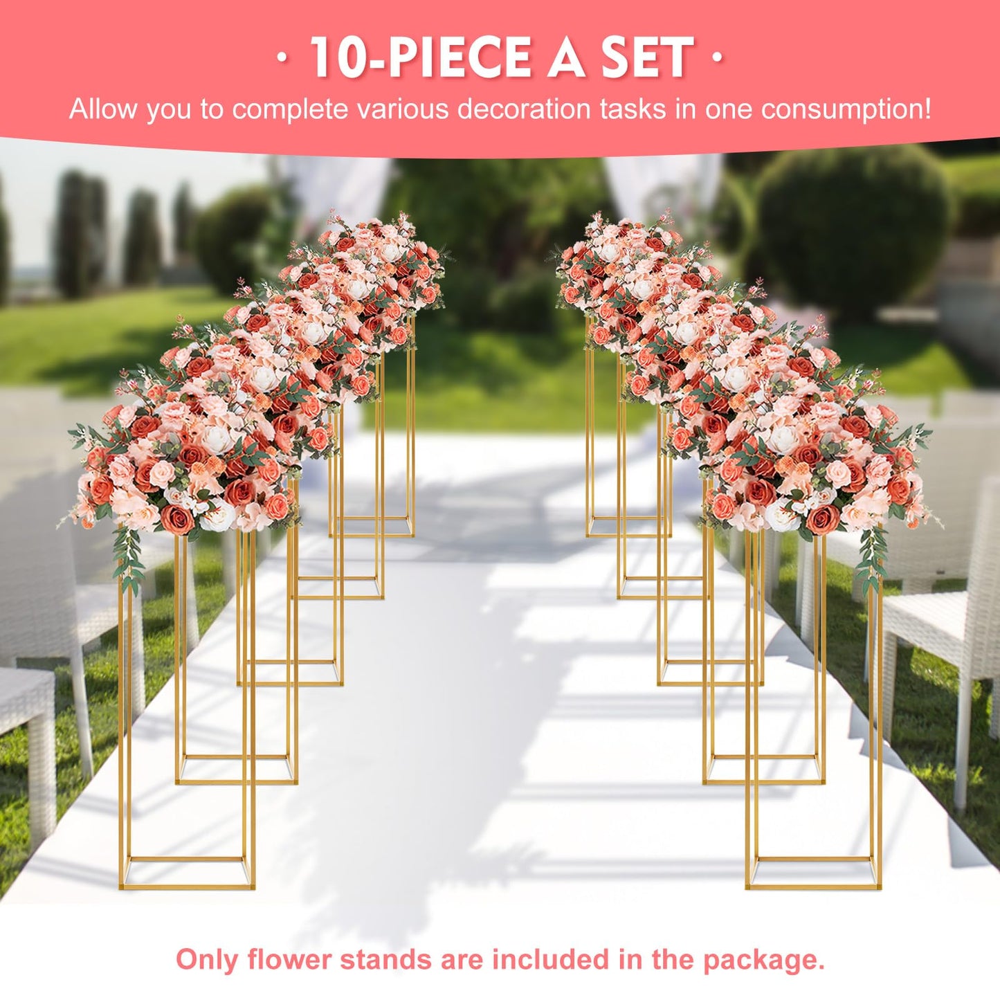 10 Pack 31.5 Inch Gold Wedding Flower Stand Metal Vase Column Stand Geometric Centerpiece Vase for Home Party Wedding Decorations, Rectangular Flower Display Rack