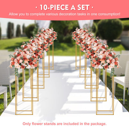 10 Pack 31.5 Inch Gold Wedding Flower Stand Metal Vase Column Stand Geometric Centerpiece Vase for Home Party Wedding Decorations, Rectangular Flower Display Rack