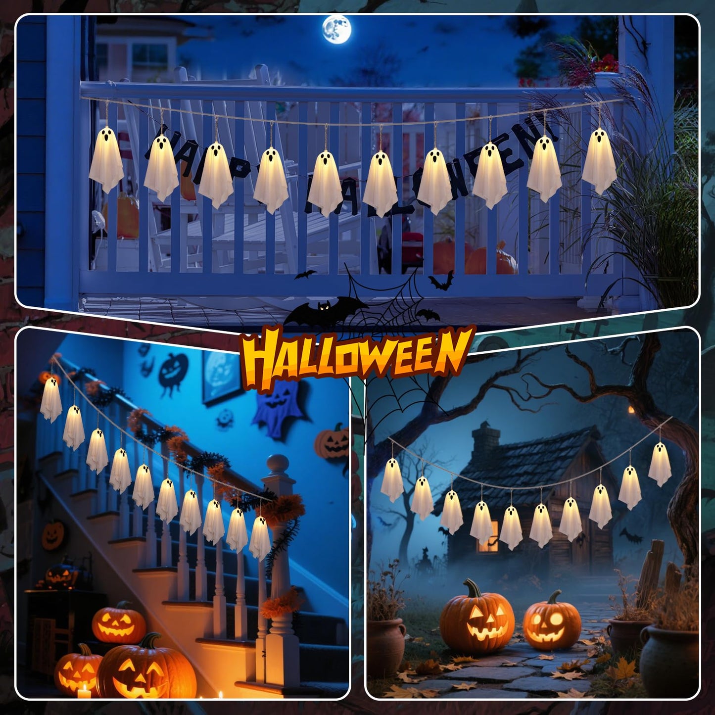 Halloween Ghost Decor, 10 Pcs Spooky Ghosts String Lights Battery Operated, 8 Lighting Mode, Light up Ghost Garland, for Mantle, Fireplace, Window, Porch, Party Indoor Outdoor Decor