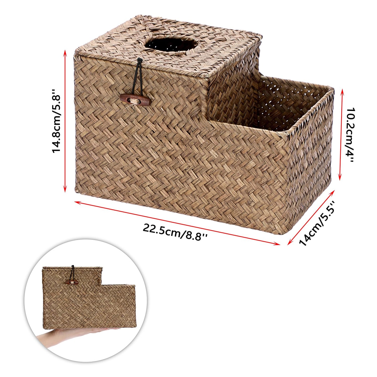 Sumnacon Tissue Box Cover Square Tissue Box Woven Seagrass Tissue Box Holder with Side Organizer, Rustic Tissue Holder for Living Room Bathroom Bedroom Kitchen Office Table Desk, Coffee