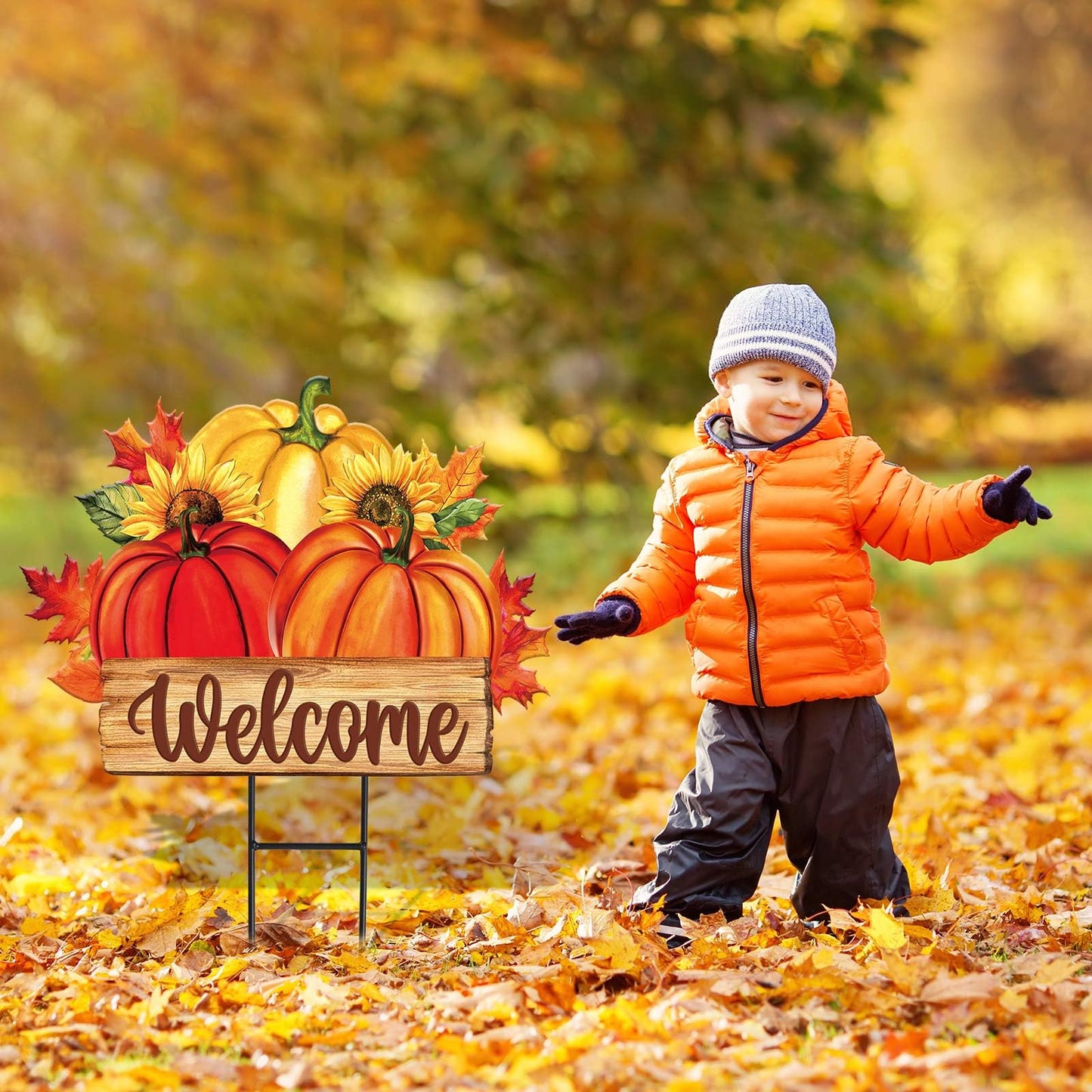 JarThenaAMCS Fall Yard Sign Autumn Pumpkin Metal Garden Stake Seasonal Welcome Lawn Sign for Thanksgiving Harvest Outdoor Patio Walkway Decoration