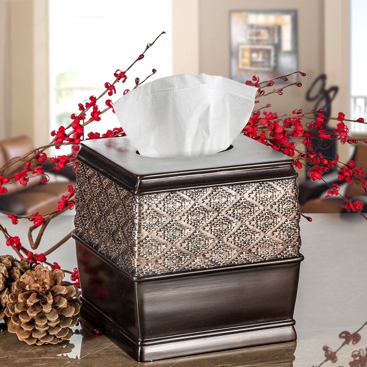 Creative Scents Dublin Brown Tissue Box Cover Square - Decorative Tissue Holder Vessel for Elegant Bathroom, Bedroom, Office Accessories Decor