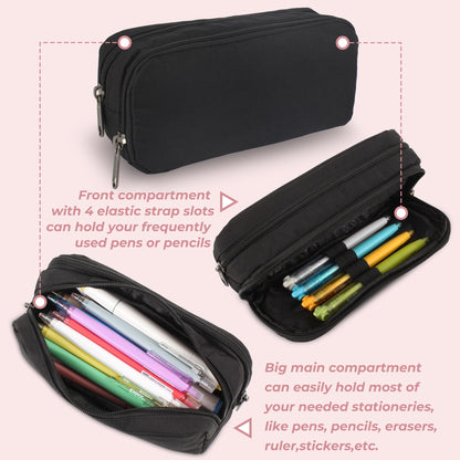 Della Gao Large Pencil Case, Big Capacity Pencil Pouch with 2 Compartments, Office Pencil Bag with Zipper, Big Pen Case for Adults (01-Black)