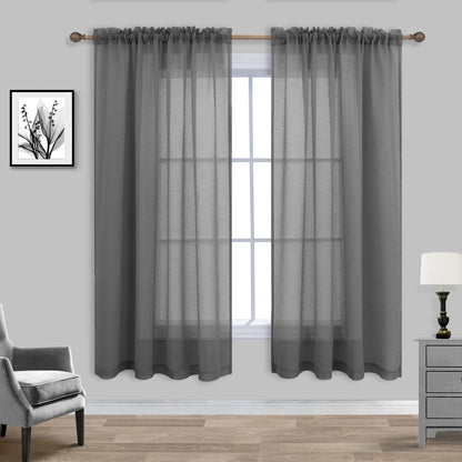 Charcoal Grey Linen Look Sheer Curtains 63 Inch Length for Kitchen 2 Pack Rod Pocket Breathable Airy Gray Curtains for Bathroom Window Laundry Canopy Sitting Room Reading 52x63 Inches Long Dark Grey