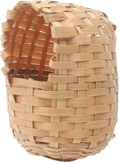 Finch Nest for Cages, Large Natural Bird Houses, Bamboo Hand Made Nests Hideout Cage with Metal Hook, Small Hut Toy House Shelter, Eco-Friendly Hanging Hand-Woven Box for Outdoor Accessories (1Pc)