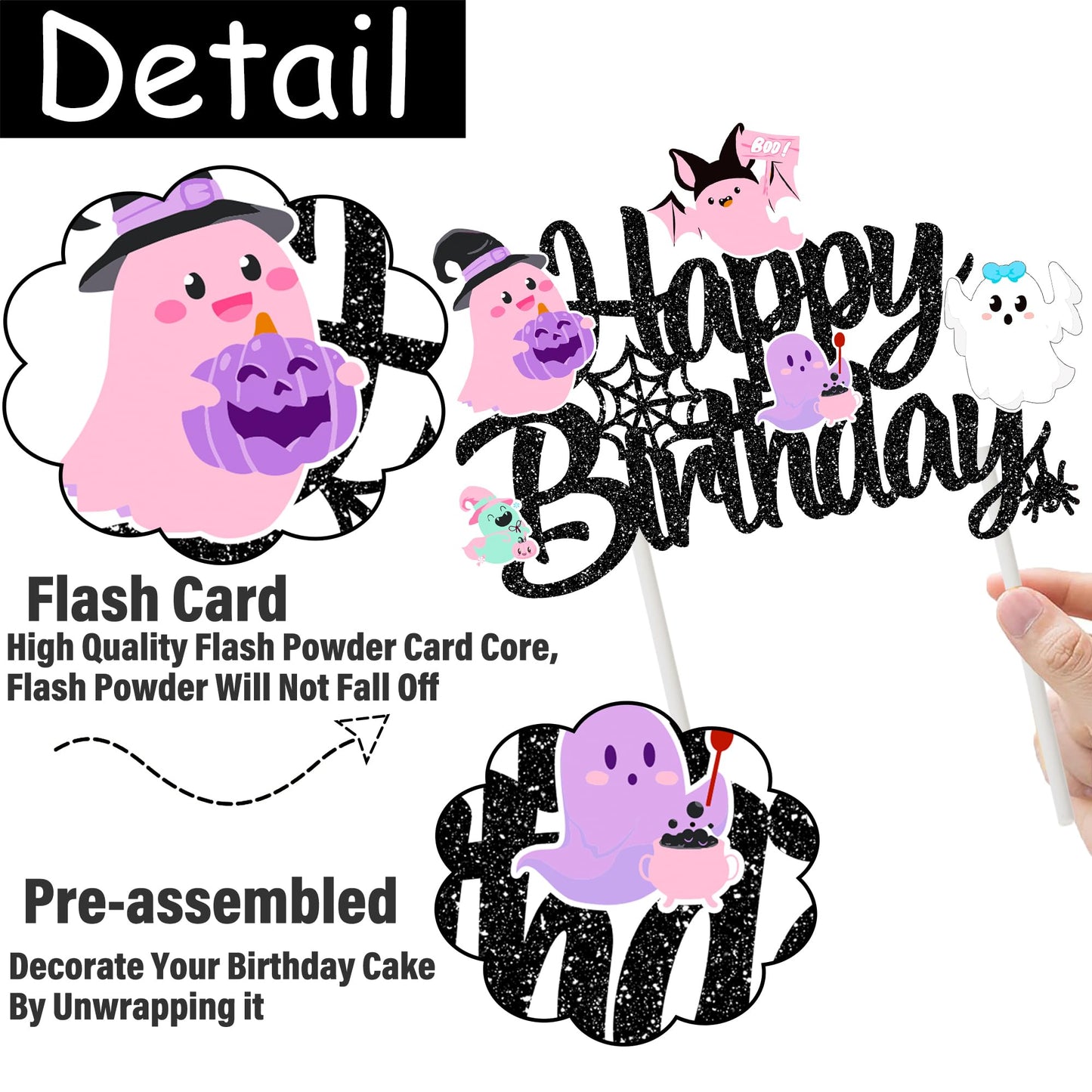 Halloween Ghost Happy Birthday Cake Topper Black Glitter Halloween Birthday Cake Decorations Pastel Ghost Cake Picks Ghosts Boo Day Baby Shower Decor for Birthday Party Supplies