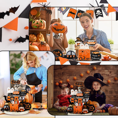 Thyle 15 Pcs Halloween Tiered Tray Decor Set Cute Halloween Wooden Signs Black and Orange Tray Signs Happy Halloween Wooden Signs Ghost Wooden Block Halloween Decor for Home