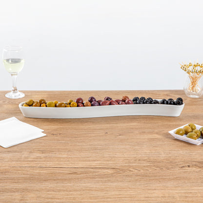 Restaurantware Swerve 14 Ounce Olive Plate 1 Curved Olive Tray - Small Chip Resistant White Porcelain Olive Canoe Dishwasher Safe For Snacks Condiments Or Appetizers