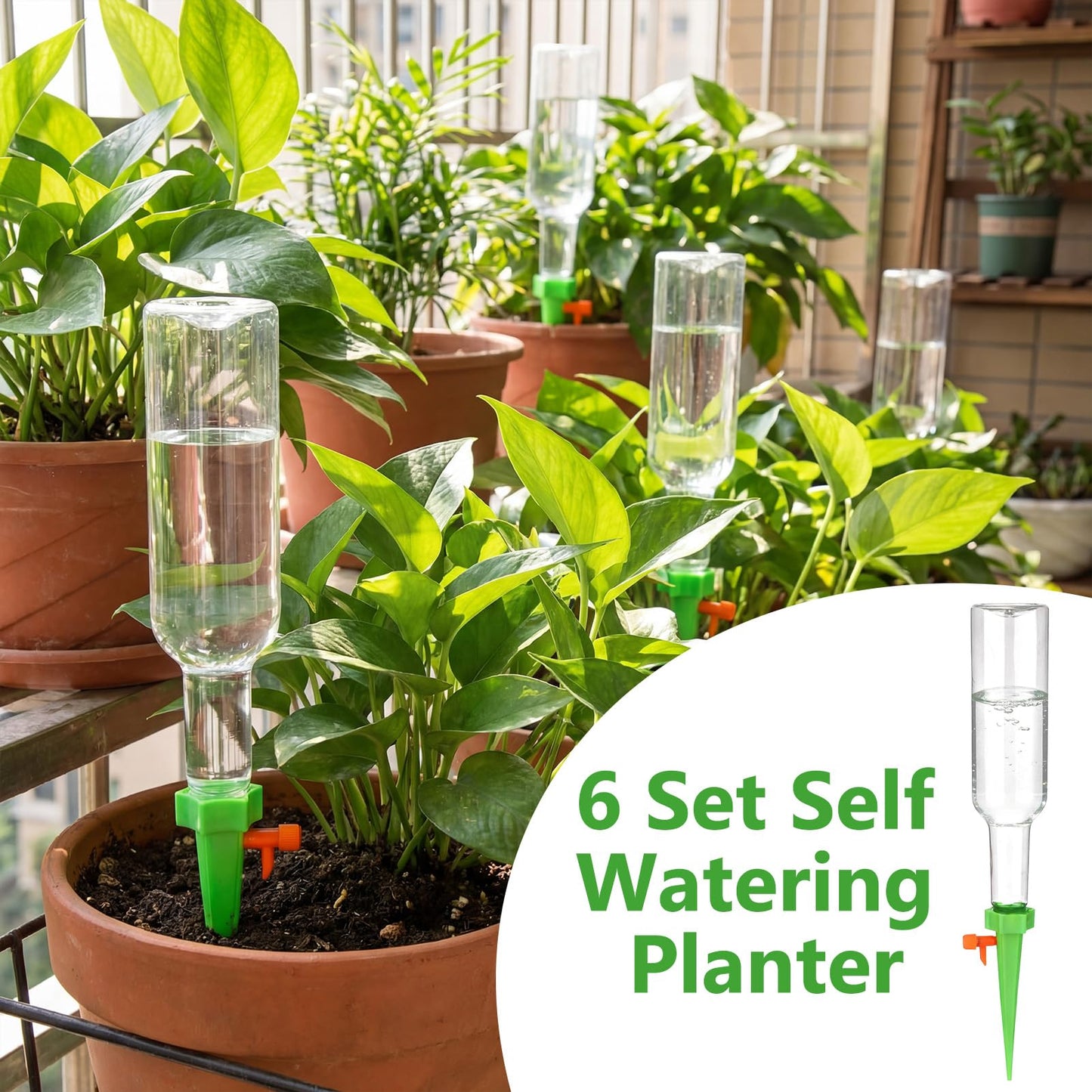 Ferrochef 6 Set Plant Watering Devices with Self Watering Spikes Automatic Planter Insert Spikes with Bottle Waterer Devices with Adjustable Control Valve for Vacation Garden Indoor (13.5 oz Bottle)