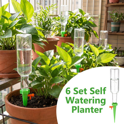 Ferrochef 6 Set Plant Watering Devices with Self Watering Spikes Automatic Planter Insert Spikes with Bottle Waterer Devices with Adjustable Control Valve for Vacation Garden Indoor (13.5 oz Bottle)