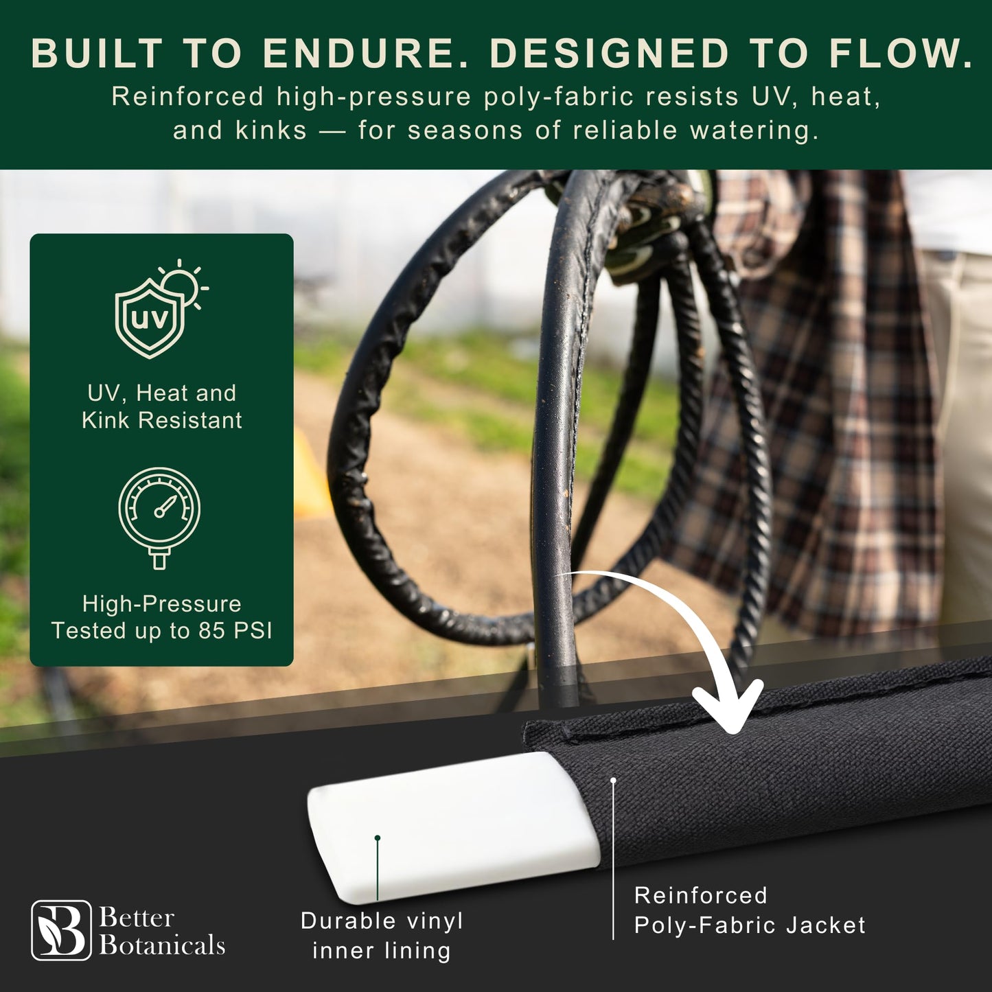 Better Botanicals 100 FT Flat Soaker Hose (2 x 50 FT) – Drip Irrigation for Garden Beds, Raised Beds & Landscaping – Kink-Resistant, Even Watering, Includes 16 Steel Stakes & Storage Straps