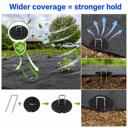 Garden Stakes,6 Inch 11 Gauge 100pcs Galvanized Landscape Staples + 100pcs Gaskets + 1Pick Hook, U-Shaped Heavy Duty Ground Stakes for Weed Barrier Fabric, Turf, Sod, Ground Cover