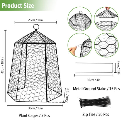 Budiwati 18.5" x 13" Large Plant Protection Cage, 5 Pcs Chicken Wire Cloche, Metal Protectors for Garden Plants, Protecting Fruits and Seedlings from Rabbits, Squirrels and Other Animals