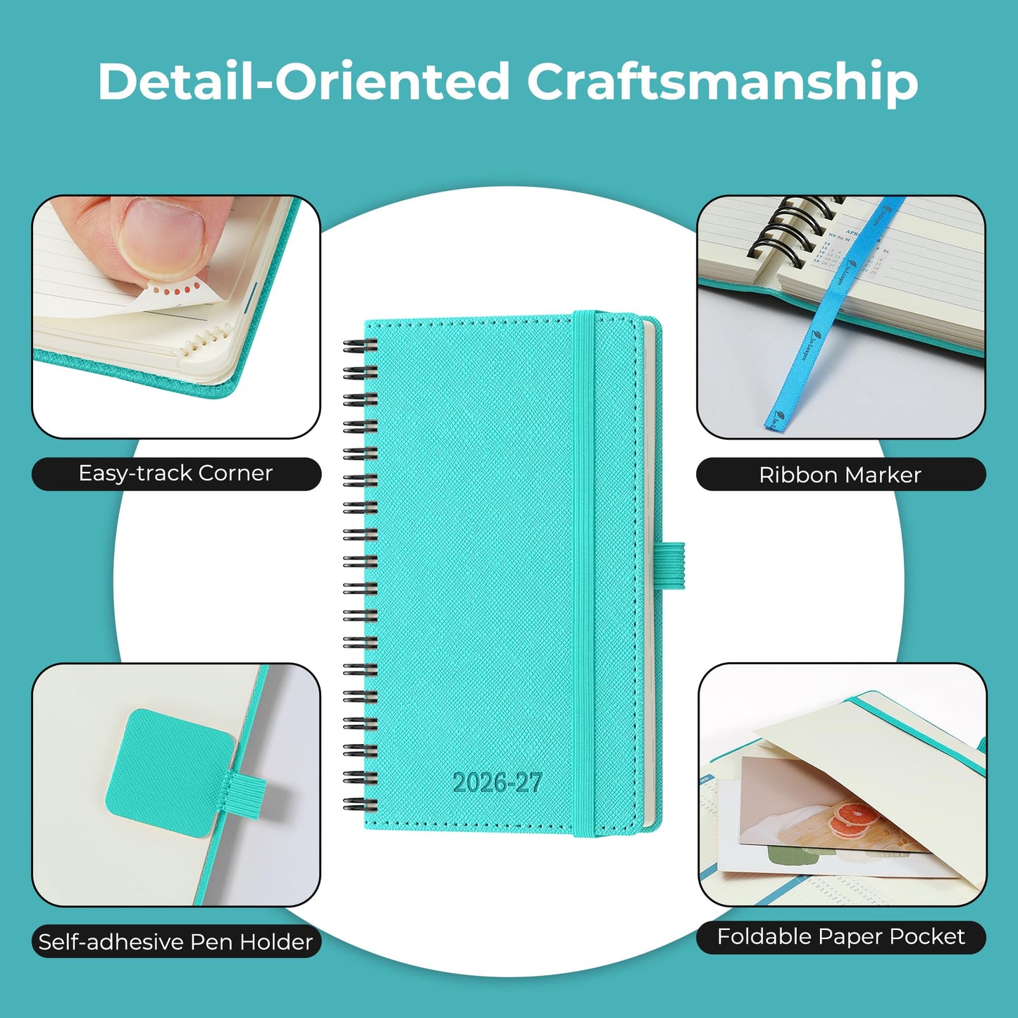 IN-LUXPRO Planner 2026-2027 Daily Weekly and Monthly,6.5"x3.75",18 Months Spiral Bound Calendar Agenda with Self-adhesive Pen Holder,2026 Academic Plan with Vegan Leather Soft Cover,Light Blue