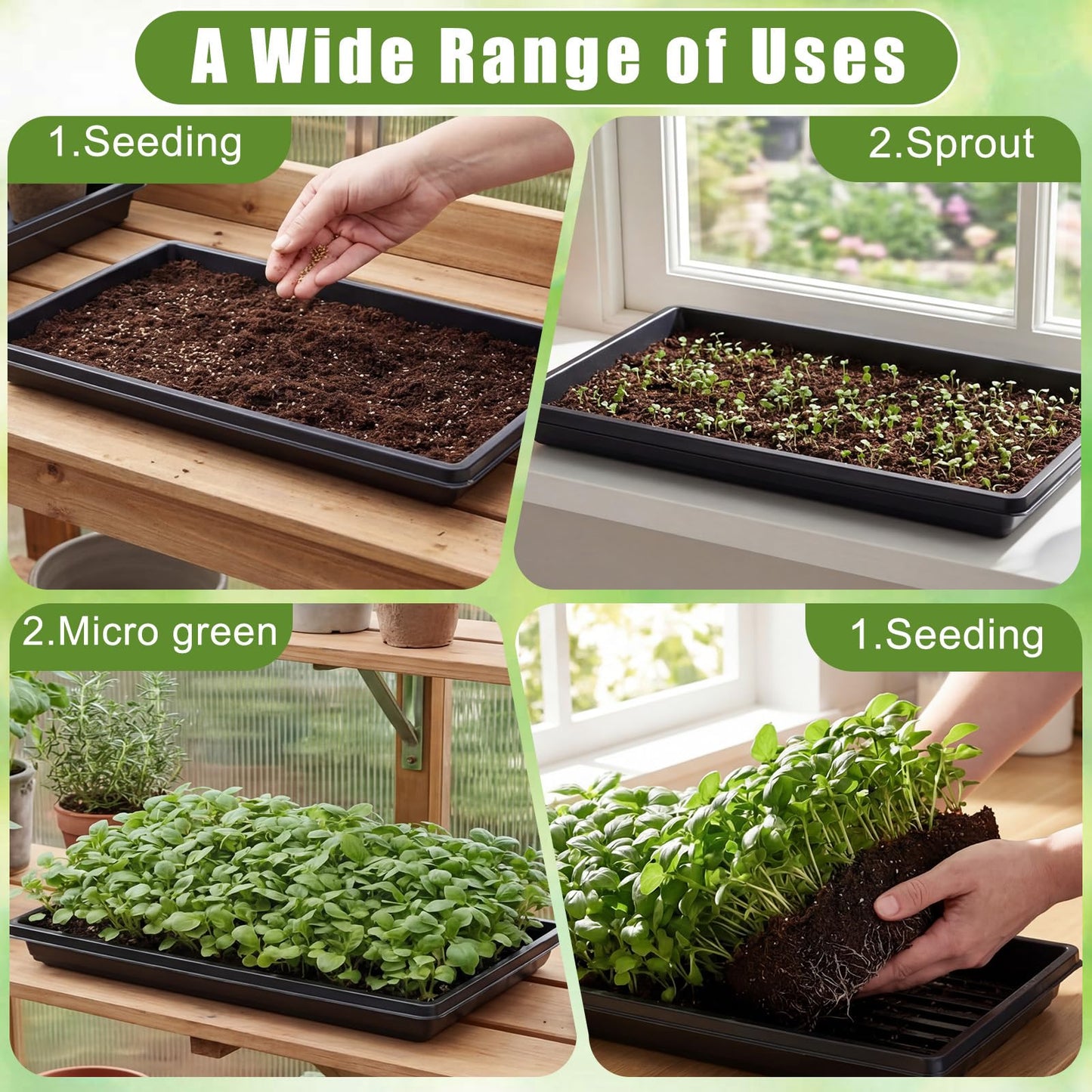 Vesici 20 Pack 1020 Seed Starting Tray Heavy Duty Plant Growing Flat Seedling for 72/128 Cell Plug Plant Nursery Tray No Hole Germination Transplant for Microgreens Gardening Greenhouse (L)