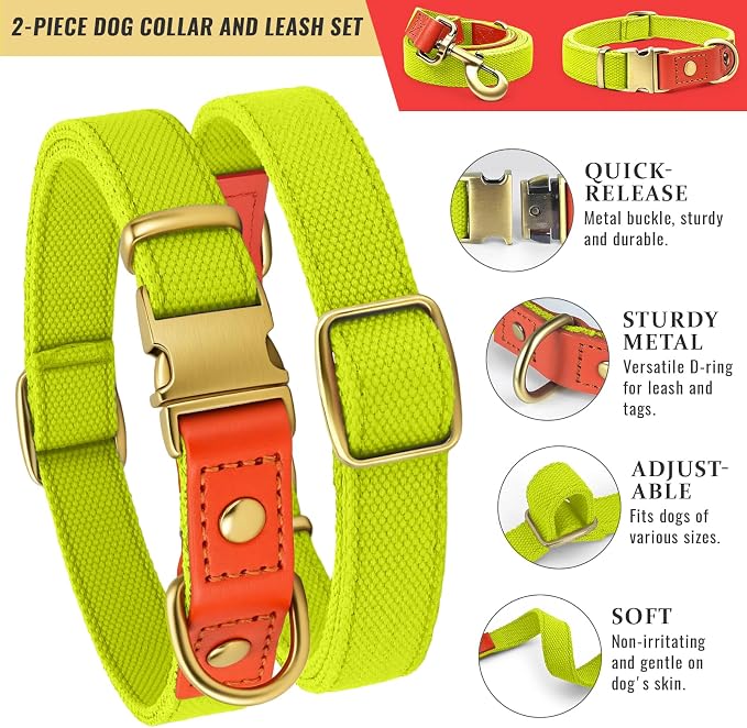 Dog Collar and Leash Set with Metal Quick Release Buckle, Adjustable, Breathable Nylon, Durable, Soft and Comfortable, No Pull for Walking and Training, Fluorescent Yellow, L (14.9"-22.8")