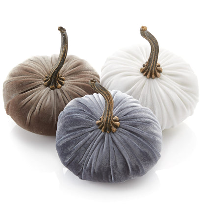 Your Heart's Content Set of 3 Small Velvet Pumpkins, Fall Wedding Centerpiece, Modern Rustic Farmhouse, Mantel Decor, Thanksgiving, Classic Gift (Sm Gray Taupe Ivory)