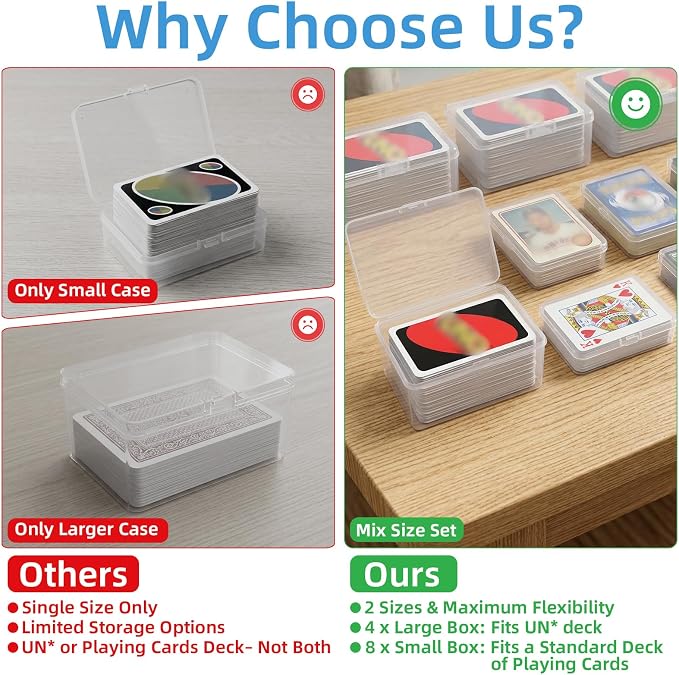 neotidy Playing Card Storage Box Set of 12, Clear Plastic Playing Card Cases Organizer with Snap Lid, Mixed Sizes Card Game Storage for UN* Cards, Standard Decks, Trading Cards, Card Game Holder Case