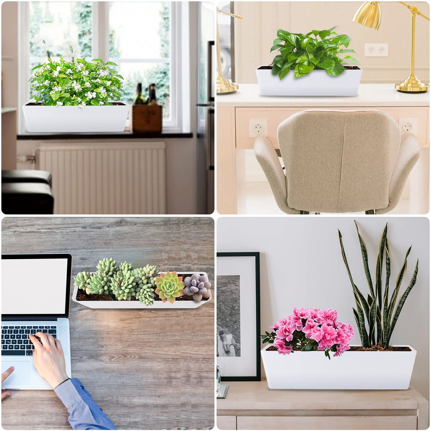 GREANER Window Boxes Planters with 100PCS 4inch White Plant Label, 3PCS 16x3.8 Inch Large Herb Planters with Tray, Indoor Succulent Cactus Flowers Vegetable Plastic Rectangle Pots for Balcony, Office,