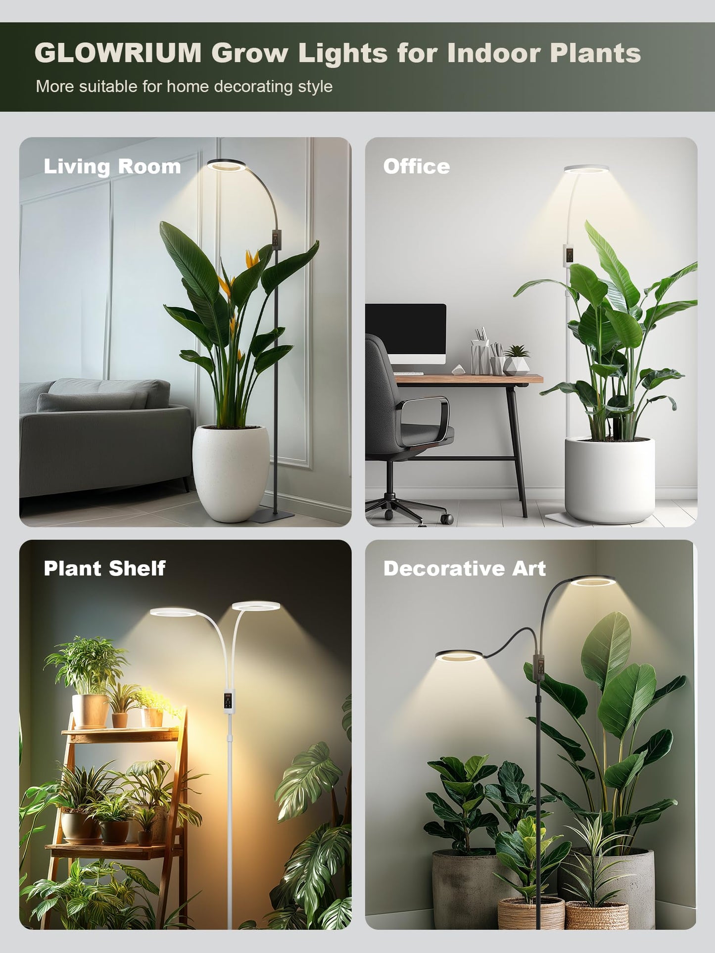 GLOWRIUM Smart Grow Lights for Indoor Plants, 24W Full Spectrum Plant Lights with Bluetooth App, Adjustable Height 47-70.9", Auto Timer, Indoor Plant Lamp for Large Tall Plants（White 24W）