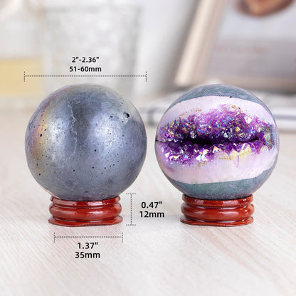 SUNYIK 51-60mm Purple Titanium Coated Quartz Geode Ball Sphere with Stand Crystal Opening Cornucopia Orb Ball Cluster Specimen Display for Decor Feng Shui Meditation