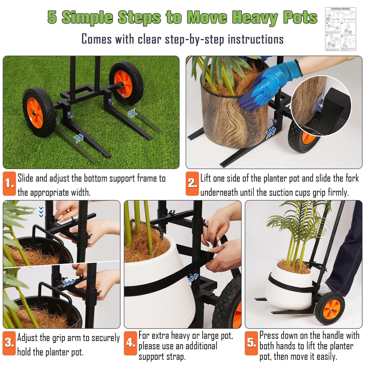 Cathyeen Plant Caddy with Wheels, 3.6FT Heavy Duty Plant Dolly with Adjustable Gripping Arms and Base, Rolling Plant Mover Cart Planter Caddies with Strap for Indoor or Outdoor Garden Plants, Pots