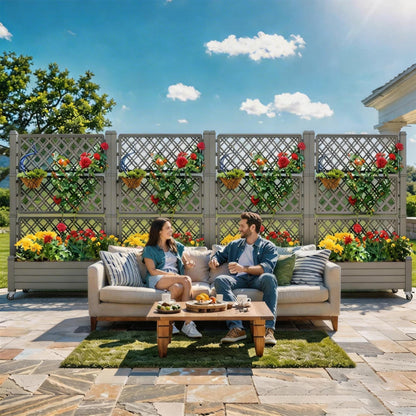 YITAHOME 43.3x17.7x61 in Planter Boxes Outdoor with Trellis, Resin Raised Garden Bed with Wheels & Drain Plug for Climbing Plants, Weather-Resistant Design Elevated Garden Bed with Trellis, Brown