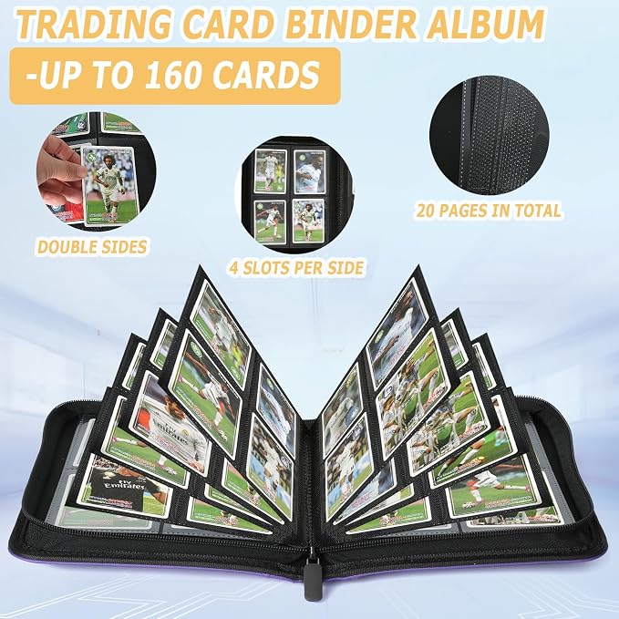 4 Pocket Ringless Side Loading Trading Card Binder, 160 Cards PU Fixed Page Zipper Card Album for TCG Sports Game Cards, Not Fit Top Loaders (Purple)