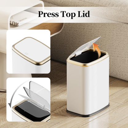 KHMMGK 2.1 Gallon Bathroom Trash Can with Lid Press Top, 8 Liter Stainless Steel Garbage Can with Press Type Lid, Slim Trash Bin Waste Basket for Toilet, Office, Bedroom, Living Room (White)