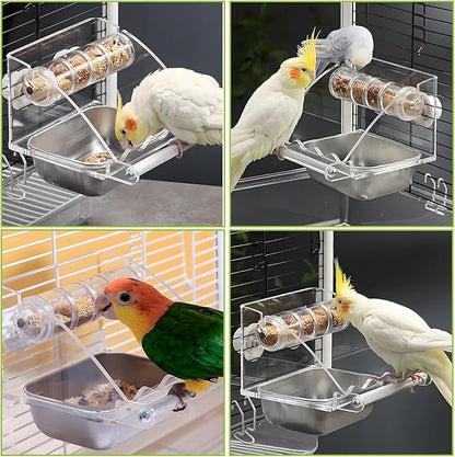 BNOSDM Bird Feeder for Cage with Rotating Foraging Toy No Mess Acrylic Hanging Food & Water Dispenser with Stainless Steel Bowl & Anti-Slip Perch Stand for Parrot, Budgie, Parakeet, Lovebird, Canary