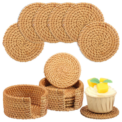 Yiksonyo 12 PC 3.15 inch Rattan Coasters, Handmade Wicker Drink Coasters with Matching Holder, Natural Round Rattan Placemats for Coffee Table, Bar, and Home Décor