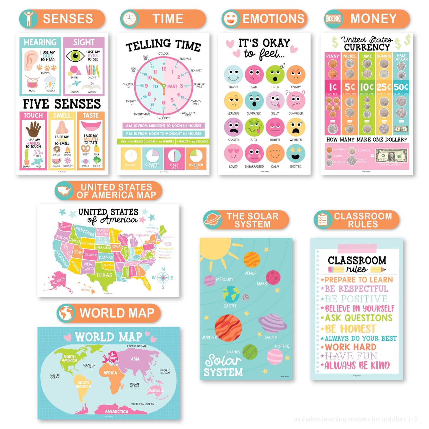 Hadley Designs 16 Educational Posters for Classroom Must Haves - Laminated Pre-K Posters for Toddler Homeschool Essentials, Toddler & Preschool Learning Activities, Kindergarten Classroom Decor