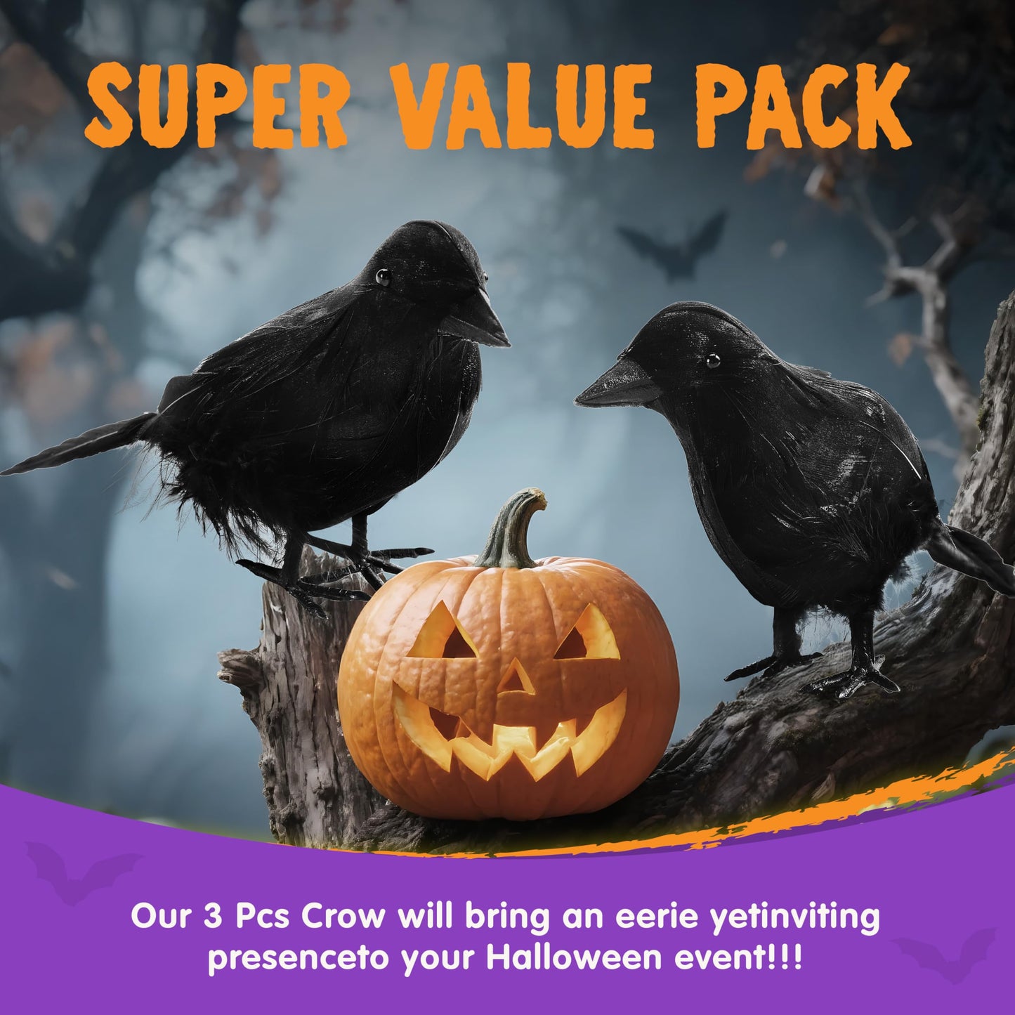 JOYIN Halloween Crow Raven 3Pcs Feather Bird, Black Prop Fake Birds Crows, Halloween Decorations for Haunted House Graveyard Cemetery Yard Table Party Favors