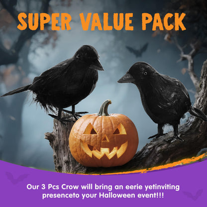JOYIN Halloween Crow Raven 3Pcs Feather Bird, Black Prop Fake Birds Crows, Halloween Decorations for Haunted House Graveyard Cemetery Yard Table Party Favors
