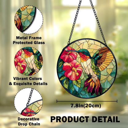 XFCICRLJ Hummingbird Suncatcher Stained Glass Window Hanging, Hummingbird Flower Sun Catchers Indoor Window Glass Wall Art Decor, Bird Wall Hanging Decor Decorations, 7.9x7.9 Inch 038-MH-BLGH