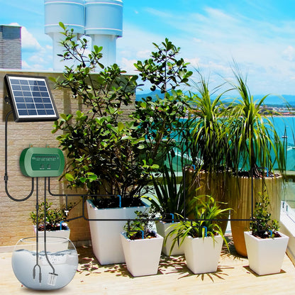 Anseto Solar Drip Irrigation System, Automatic Watering Kit with Split Design & Anti-Siphon Valve, 12 Modes Garden Irrigation System with 49ft Hose for 15 Potted Plants, Patio, Balcony & Greenhouse