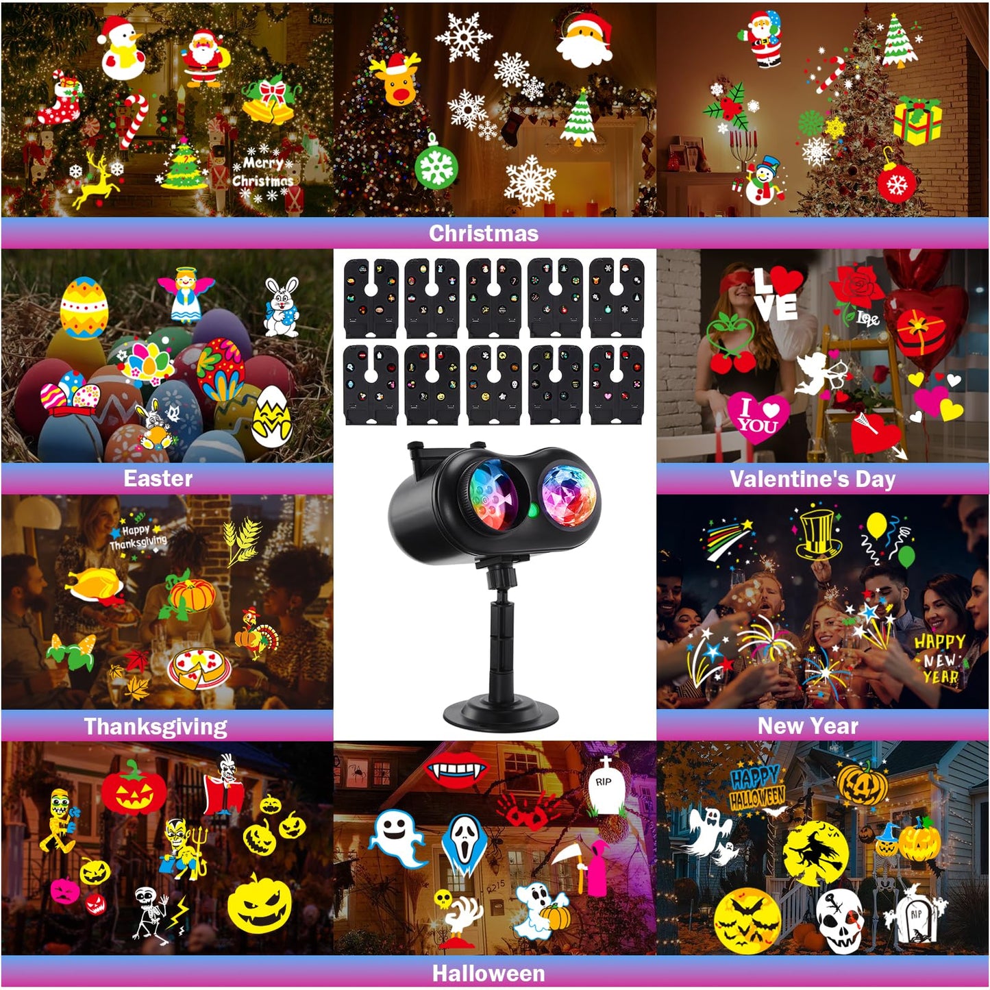 HAKUTA Halloween Christmas Laser Projector Lights 3-in-1 Wave Ocean Effect LED Projector with 10 Slides/80 HD Patterns for Christmas, New Year, Birthday, Halloween, Thanksgiving Décor