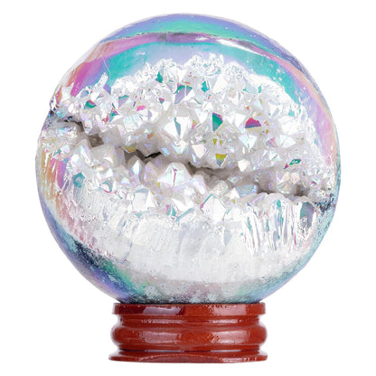 Rockcloud Titanium Coated White AB Quartz Crystal Sphere with Wood Stand, Natural Rock Crystal Geode Ball for Divination Home Decor, 61-70mm