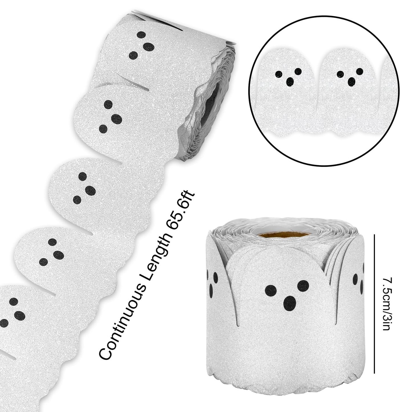 Whaline 65.6Ft Halloween Bulletin Board Border Glitter White Ghost Die Cut Trim Border Roll for Spooky Chalkboard Wall Decor