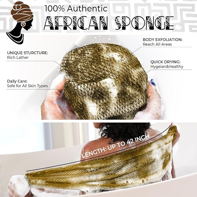 African Net Sponge Black and AntiGolden - 2 Pieces Authentic African Bath Sponges with Knots - Exfoliating Body Scrubber for Men - Back Scrub Exfoliator for Shower Bathroom Accessories