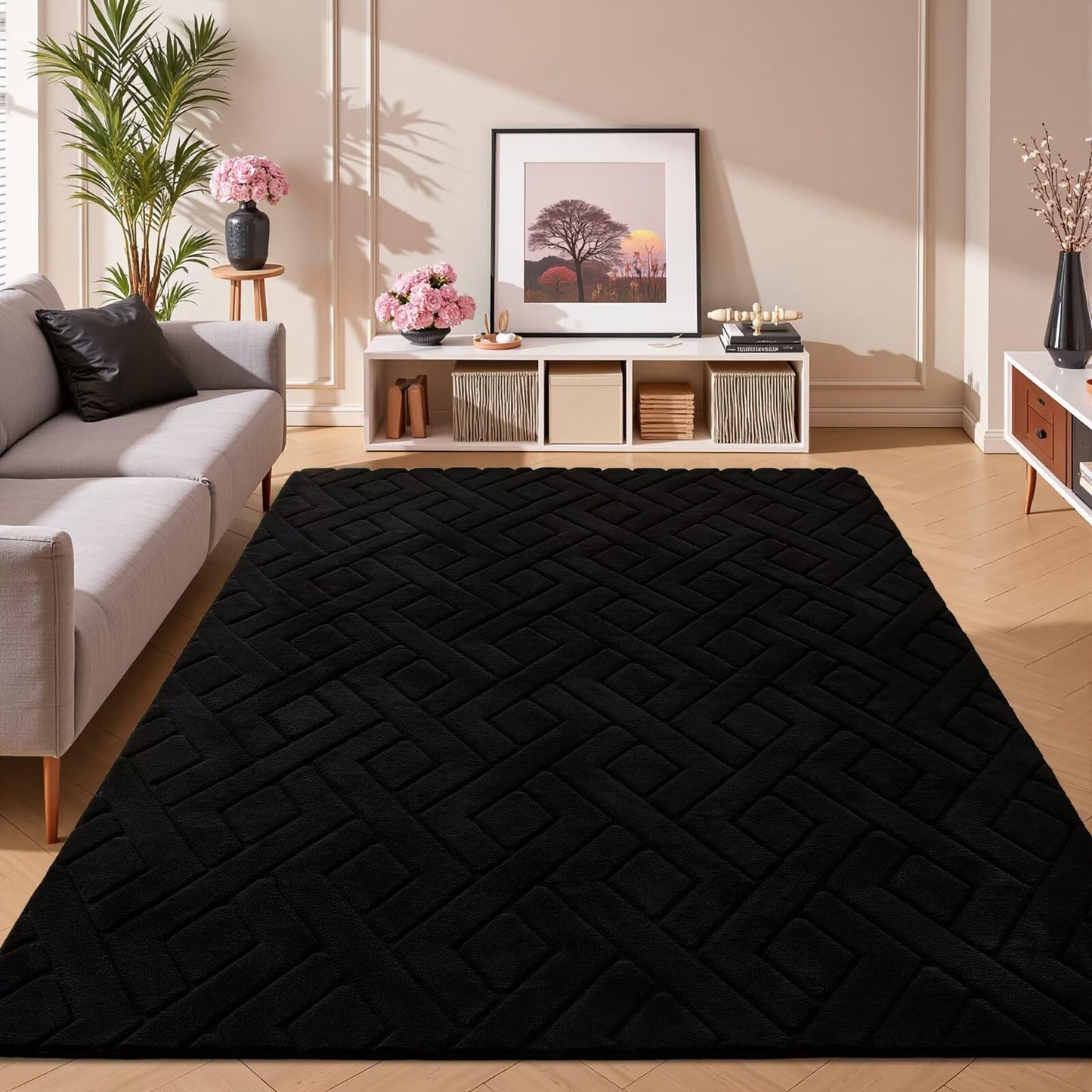 Flagover 3x5 Black Washable Area Rug for Bedroom, Modern Geometric Shag Non-Slip Living Room Rugs, Fluffy Plush Soft Memory Foam Carpet for Kids Boys Room Nursery Room Dorm Bedside Decor