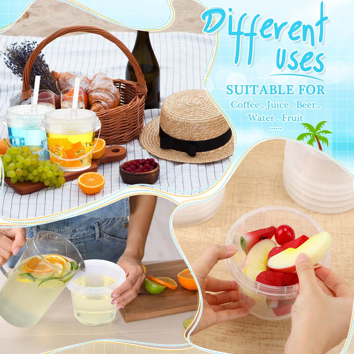 Funnymoom 15 Set 24 oz Clear Drink Buckets with Lids and Straws, Disposable Plastic Rum Cocktail Pails with Handles, Large Smoothie Cups for Adult Bachelorette Party Supplies, Beach & Catering Events