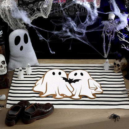 Duraaamo 2 Pcs Halloween Coir Doormat Outdoor Ghost Welcome Mat Layered Buffalo Plaid Black and White Rug Natural Coir Door Checkered Mat for Halloween Front Porch Entryway Decor