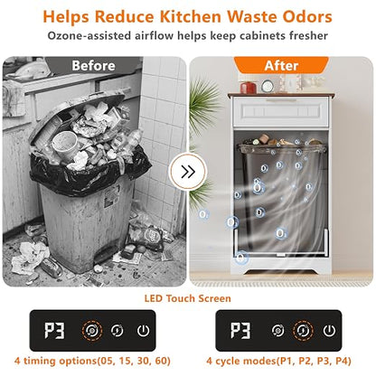 Single 10 Gallon Tilt Out Trash Can Cabinet with Deodorizing Function, Wooden Hidden Garbage Can Holder with Storage Drawers for Kitchen and Dining Room, Laundry Hamper Cabinet for Bathroom, White