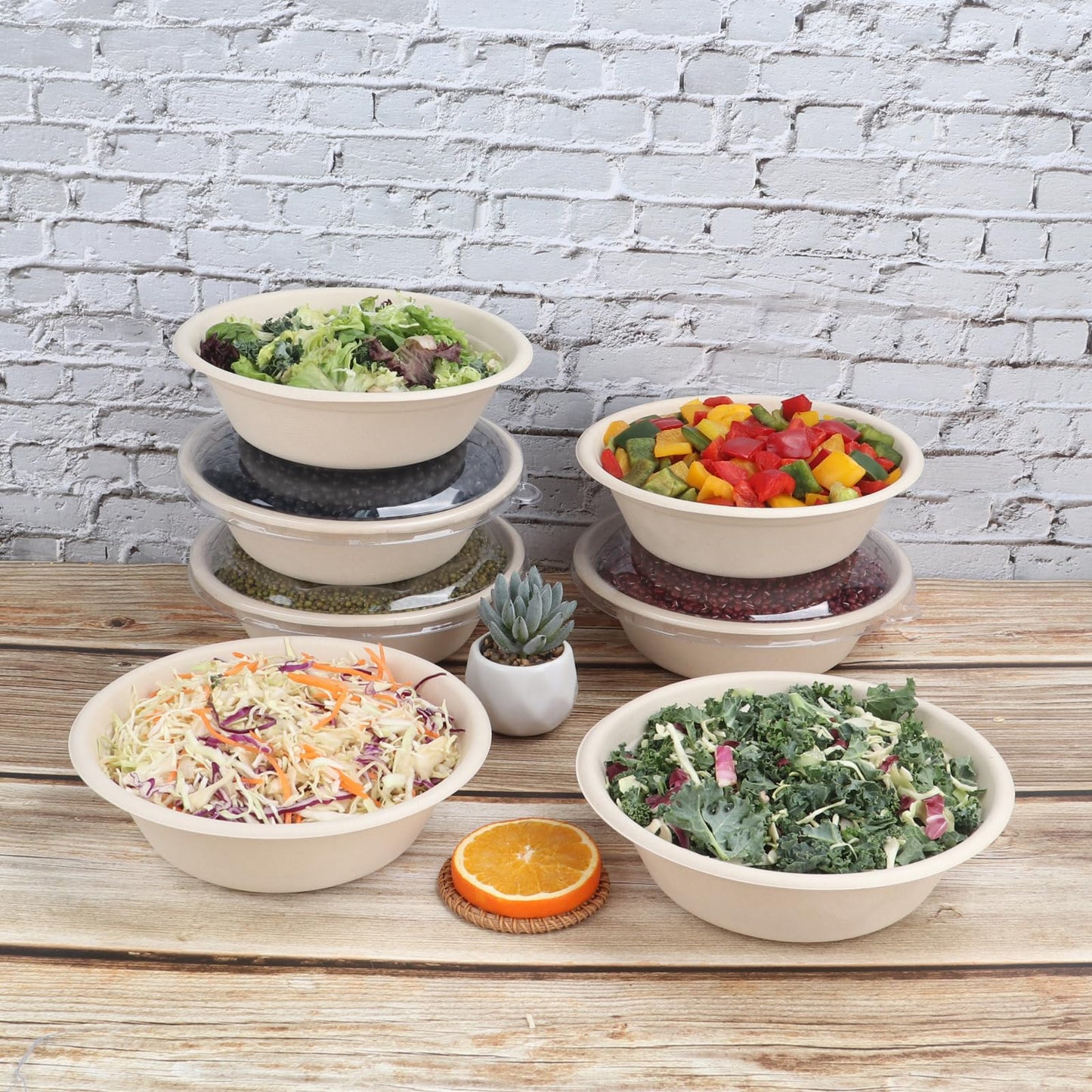 JAYEEY 32 oz Disposable salad bowls with lids, Sugarcane Fiber Paper Bowls take away food containers Plant Fibers Freezer Safe 50 Pack