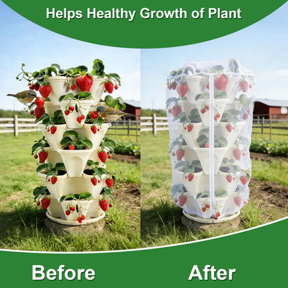 3Pack 41" x 20" Vertical Strawberry Pot Netting, Plant Pot Insect Netting with Zipper & Drawstring, Bird Barrier Planter Pot Garden Net Round Cover for 5-Tier Stackable Strawberry Fruit Vegetable