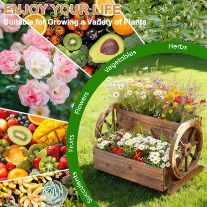 PUPATIOB Wooden Planter Box, 2-Tier Wagon Wheel Garden Planter with Wheels, Rustic Farmhouse Flower Cart Outdoor Decorative Vertical Raised Bed for Patio, Porch, Herbs & Succulents, Carbonized, Large