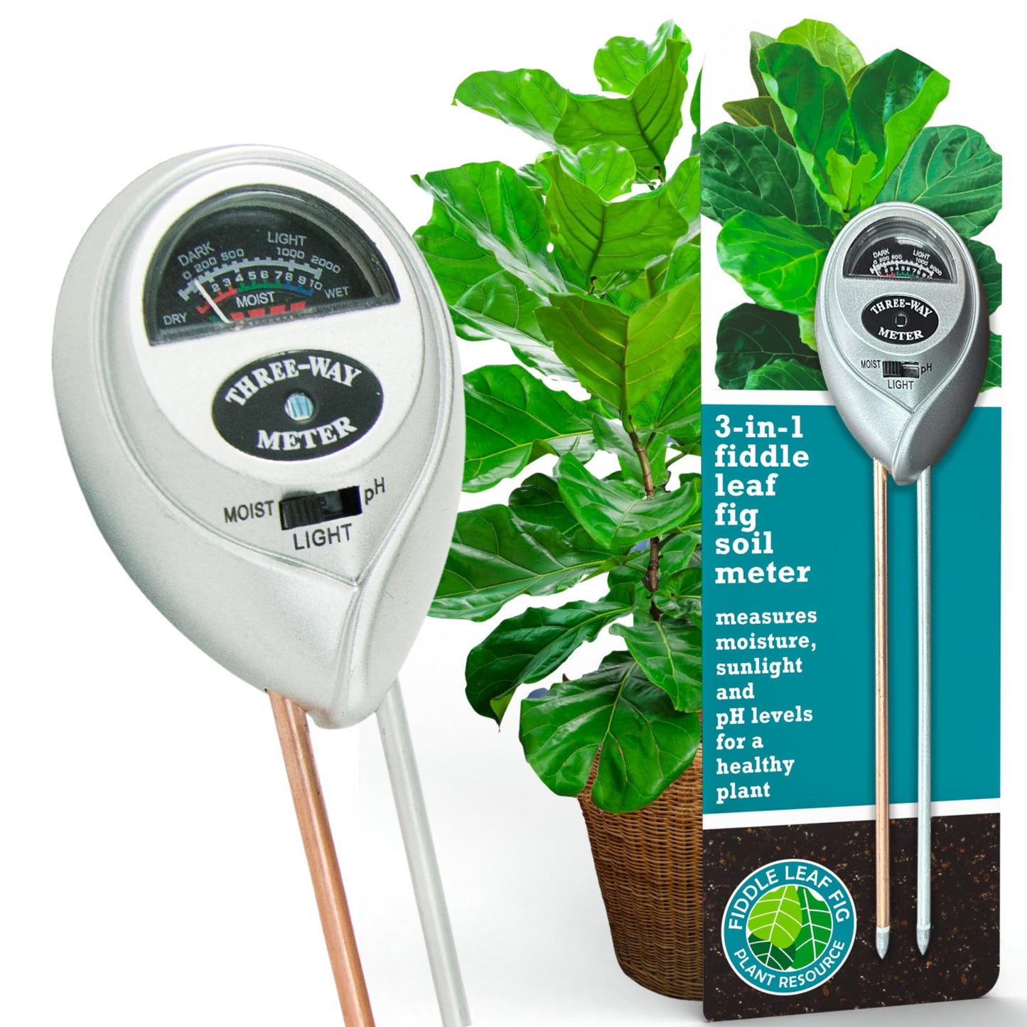Houseplant Resource Center Fiddle Leaf Fig 3-in-1 Soil Moisture Meter for Plants – Best Indoor Plant Water Meter for Potted Houseplants - Light & Moisture Sensor Probe for Optimal Growth