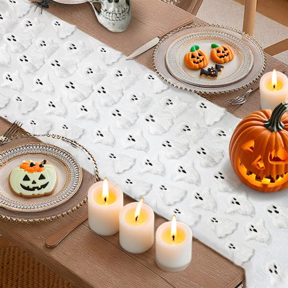Halloween Table Runner 13x72 Inch Ghost Soft Plush Faux Fur Halloween Table Runner Hallowee Home Decor, Holiday Kitchen Dining Table Decoration for Home Party Decor